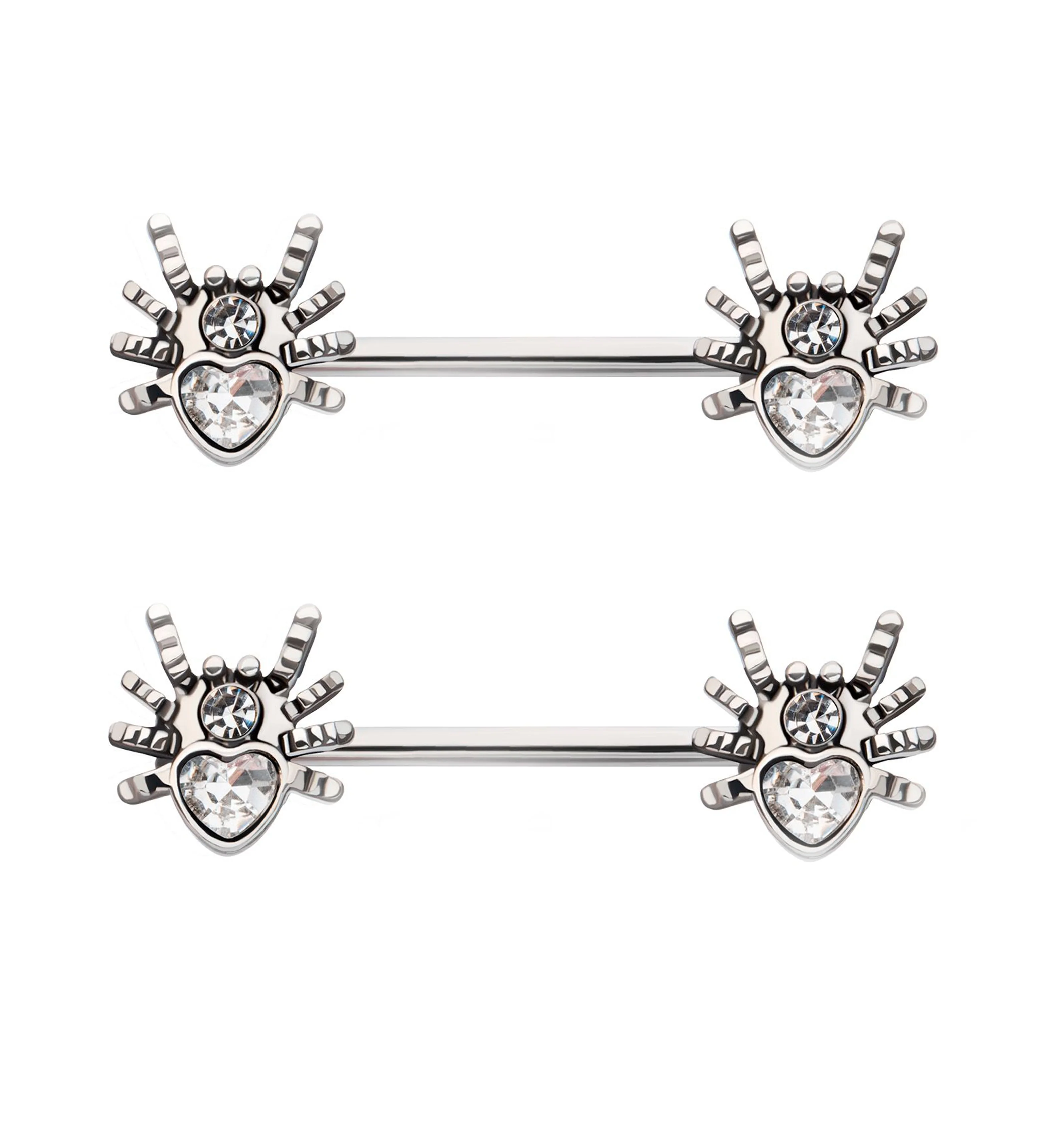 Spider Heart Clear CZ Stainless Steel Nipple Barbell - Mrs Treak