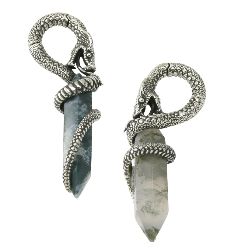 Green Moss Agate Cobra White Brass Hinged Ear Weights - Mrs Treak