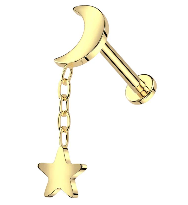 Gold PVD Half Moon Dangle Star Internally Threaded Titanium Labret - Mrs Treak