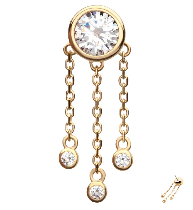 14kt Gold Bezel Clear CZ Triple Dangle Chains Threadless Top - Mrs Treak