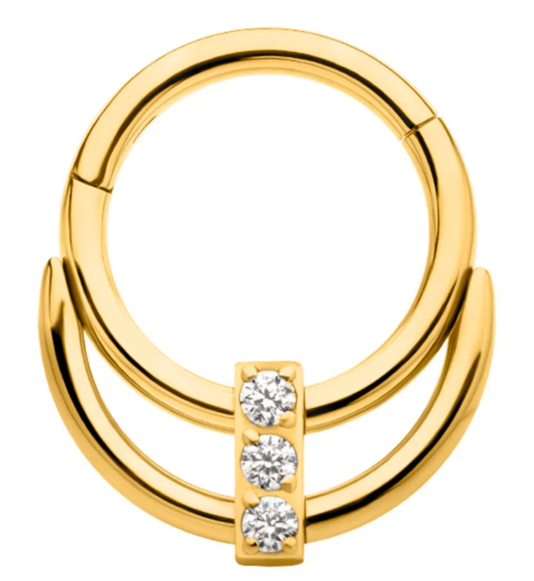 Gold PVD Double Hoop Triple Clear CZ Bar Stainless Steel Hinged Segment Ring - Mrs Treak