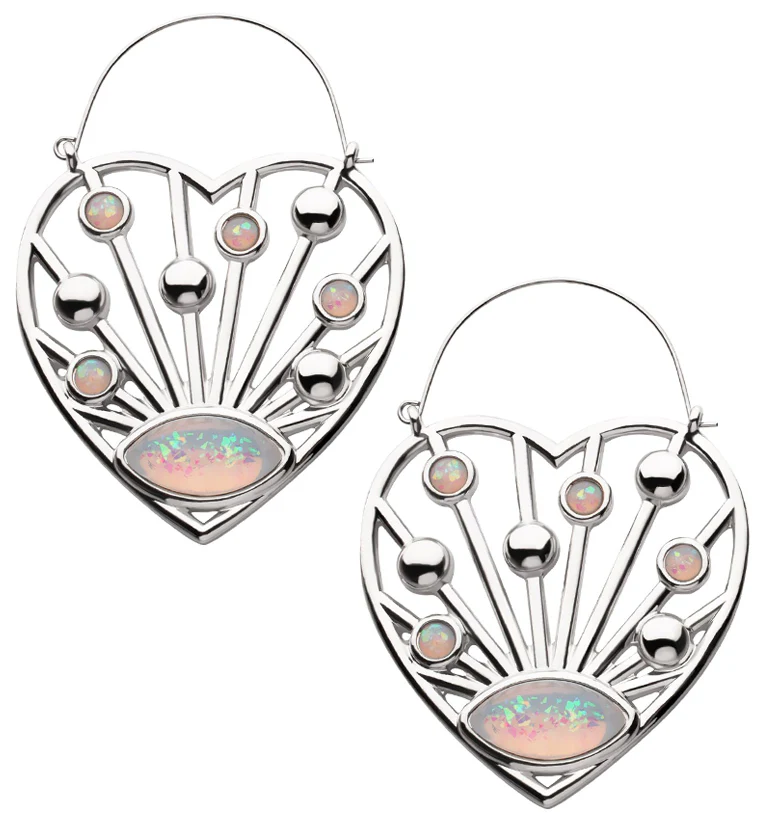 Heart Burst White Opalite Stainless Steel Plug Hoops - Mrs Treak