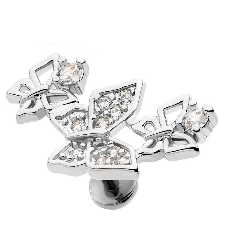 Triple Butterfly Outline CZ Stainless Steel Threadless Labret - Mrs Treak
