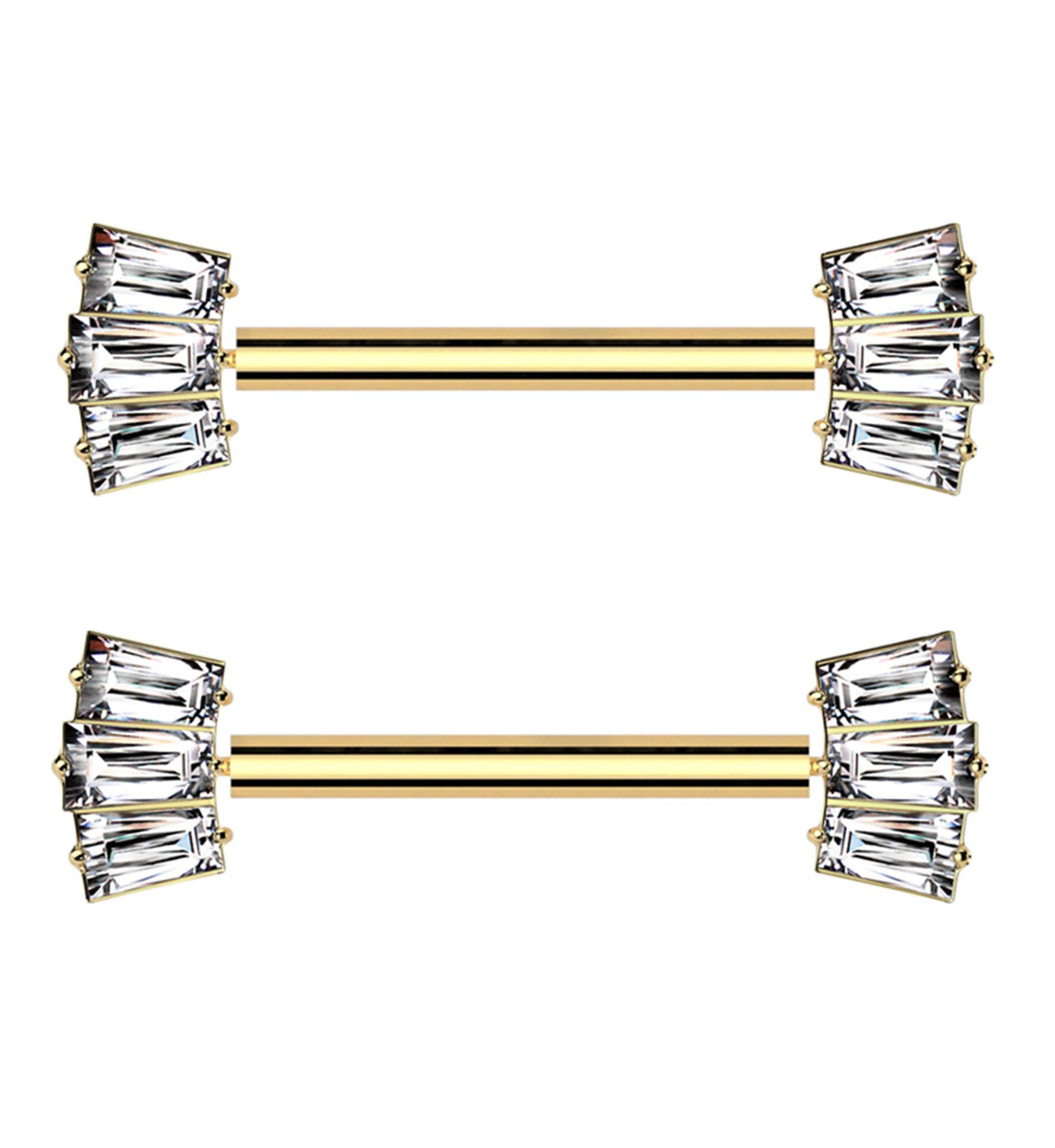 Gold PVD Triple Clear Baguette Threadless Titanium Nipple Barbell - Mrs Treak