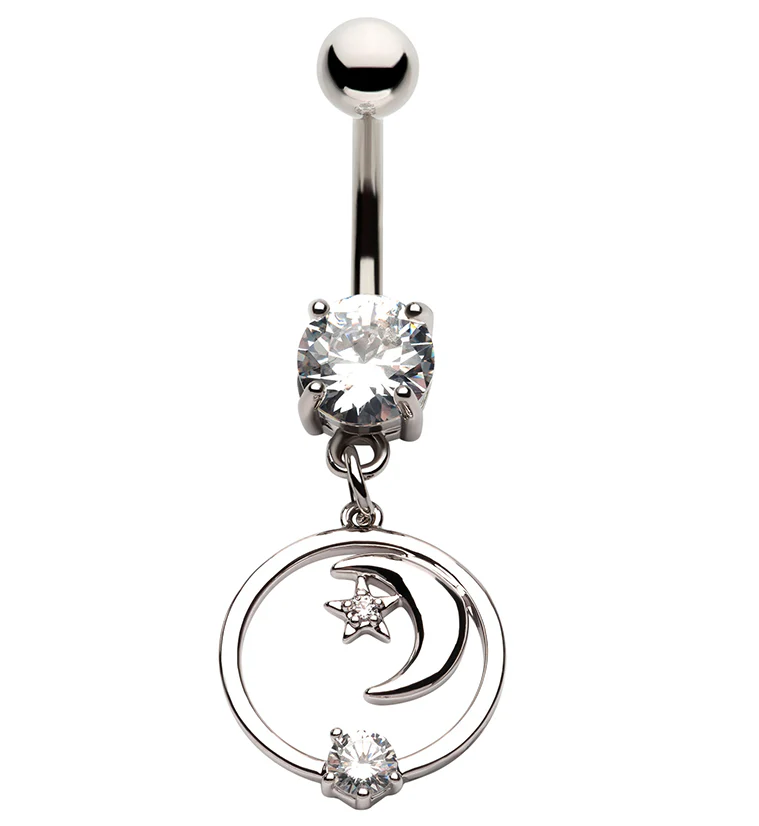 Halo Crescent Moon CZ Dangle Stainless Steel Belly Button Ring - Mrs Treak