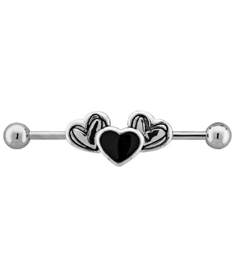Triple Black Heart CZ Industrial Barbell - Mrs Treak
