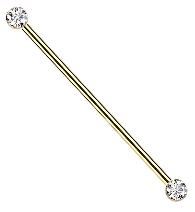 Gold PVD Bezel Clear CZ Threadless Titanium Industrial Barbell - Mrs Treak