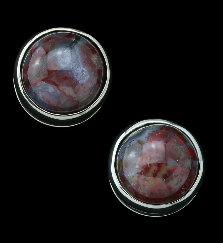 Red Moss Agate Stone Disk White Brass Ear Weights - Mrs Treak