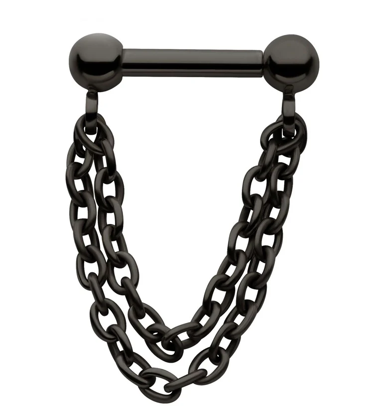 Black PVD Double Dangle Chain Threadless Titanium Barbells - Mrs Treak