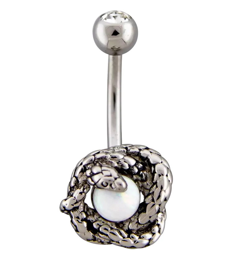 Snake Wrapped White Opalite Clear CZ Stainless Steel Belly Button Ring - Mrs Treak
