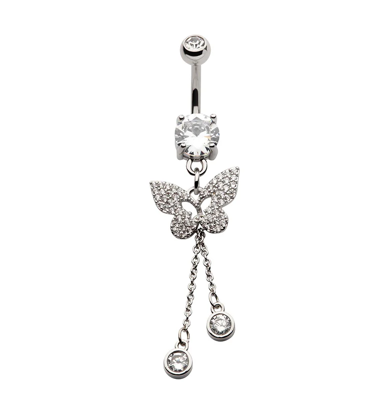 Butterfly Dangle Drop Chain Clear CZ Stainless Steel Belly Button Ring - Mrs Treak