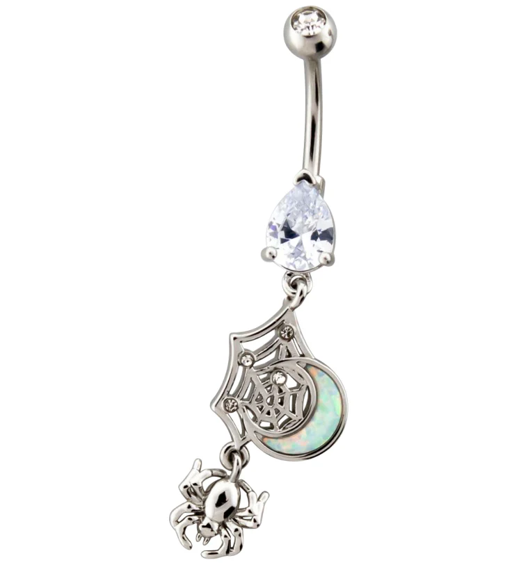 Half Moon Spider White Opalite and CZ Dangle Belly Button Ring - Mrs Treak