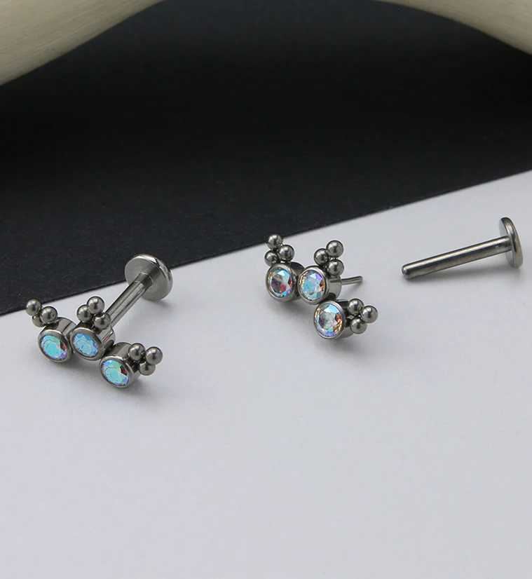 16G Triple Beaded Rainbow Aurora CZ Curve Titanium Threadless Labret - Mrs Treak