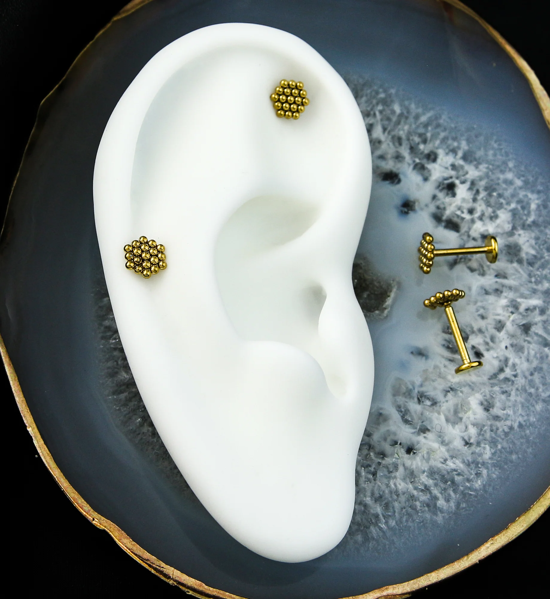 Gold PVD Hexagon Beaded Internally Threaded Stainless Steel Labret - Mrs Treak