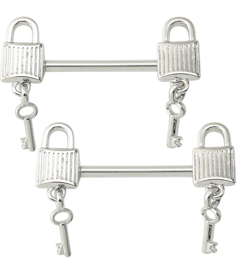 Dangling Key Lock Stainless Steel Nipple Barbell - Mrs Treak