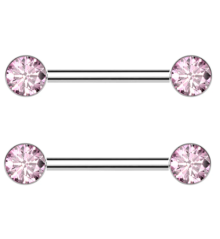 Bezel Pink CZ Threadless Titanium Nipple Barbells - Mrs Treak