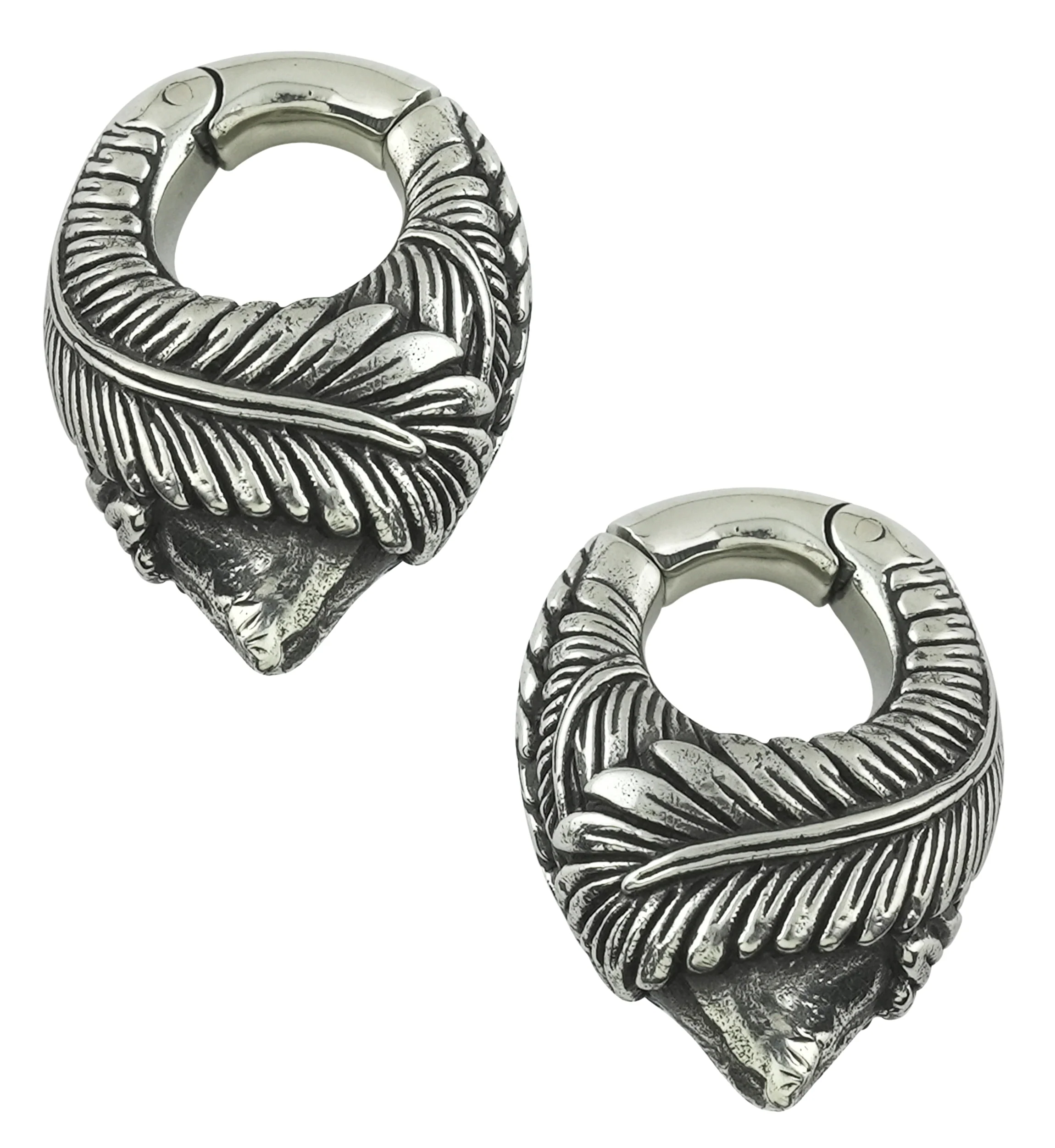 Feathered White Brass Hinged Ear Weights - Mrs Treak