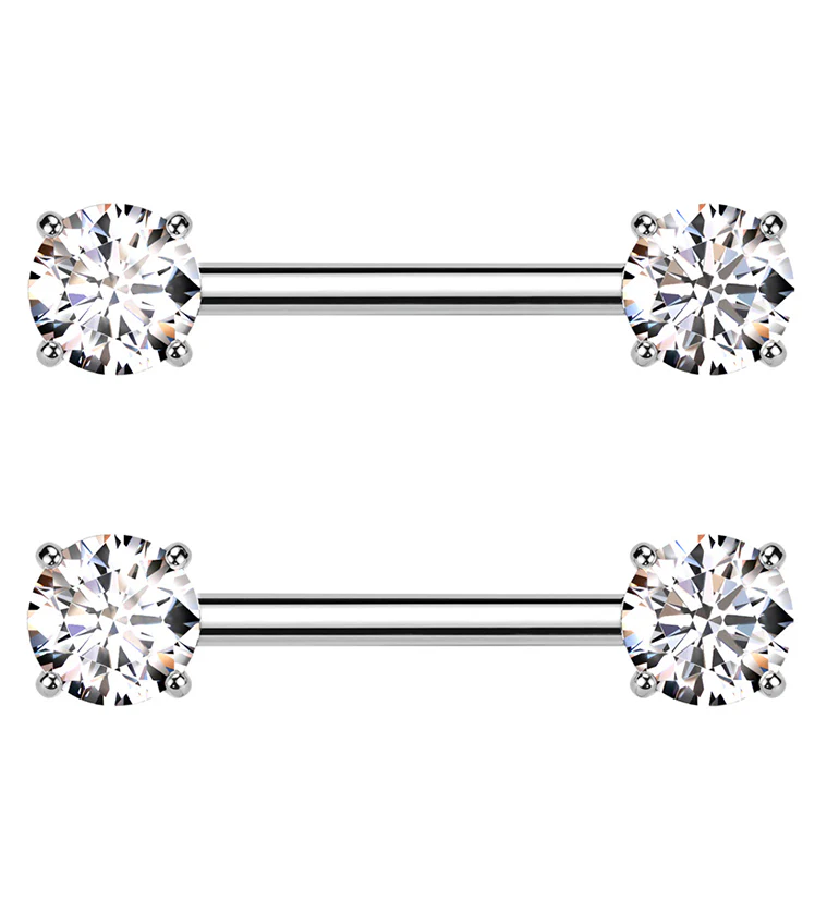 Prong Clear CZ Threadless Titanium Nipple Barbells - Mrs Treak