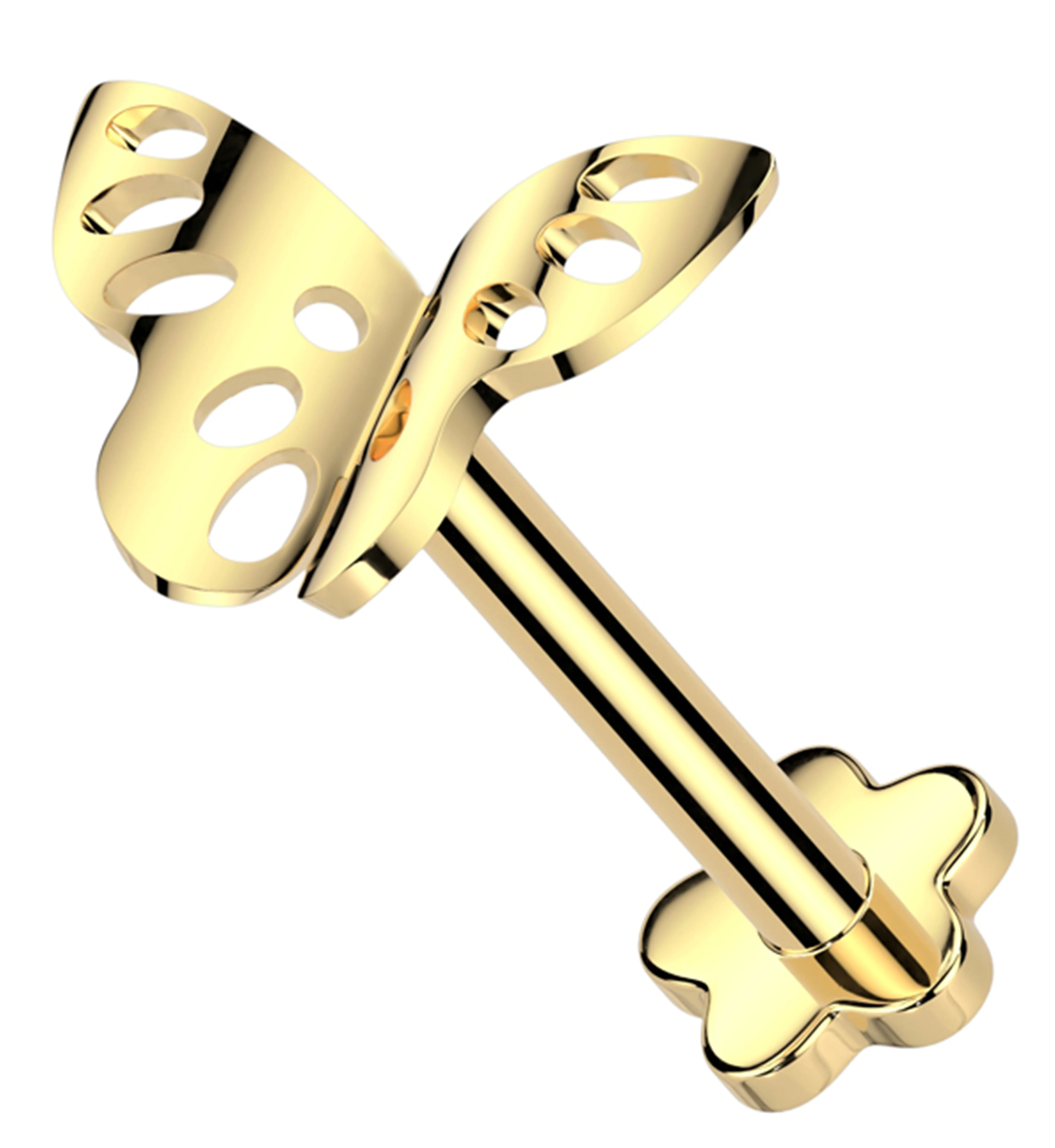 Gold PVD Butterfly Cutout Threadless Titanium Flower Back Labret - Mrs Treak