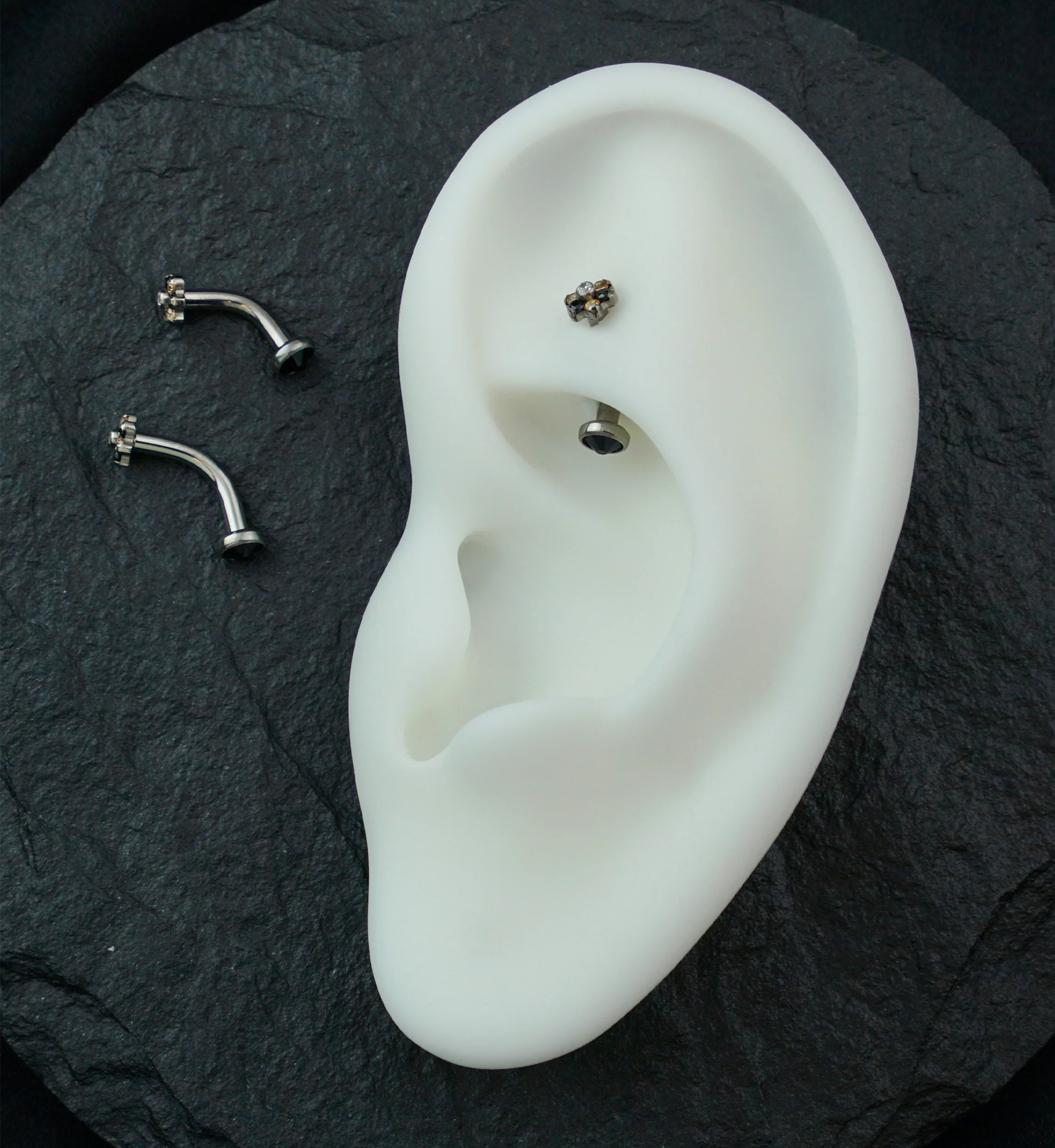 Flower Black And Pink CZ Titanium Internally Threaded Curved Barbell - Mrs Treak