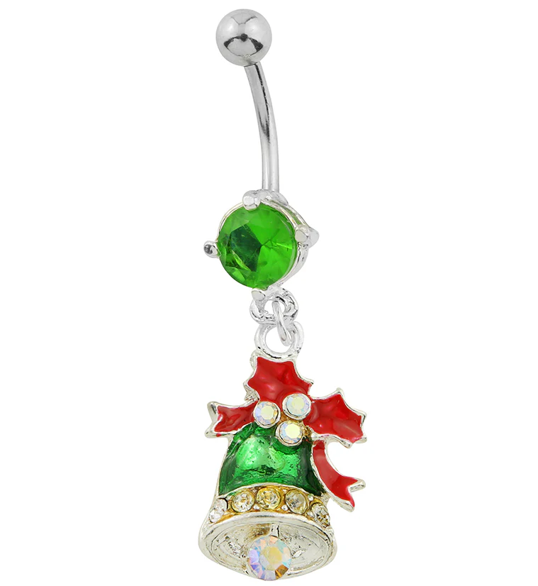 Holiday Bell Dangle Rainbow Aurora CZ Stainless Steel Belly Button Ring - Mrs Treak