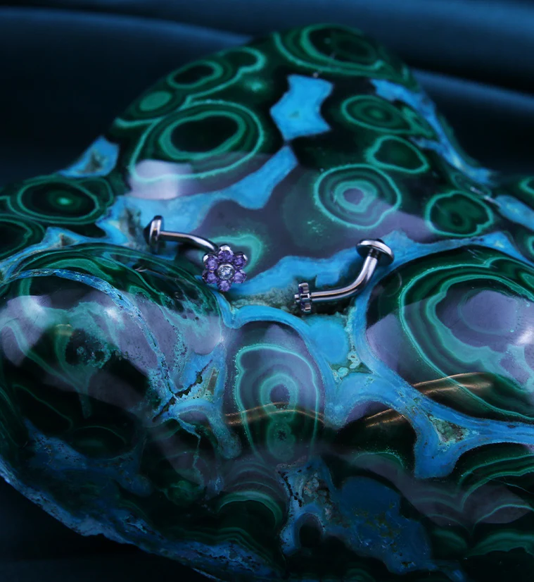 Flower Amethyst CZ Titanium Internally Threaded Curved Barbell - Mrs Treak