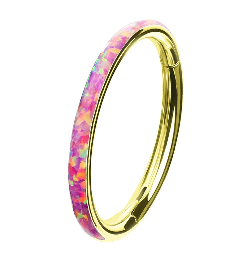 Gold PVD Pink Opalite Orbed Hinged Segment Ring - Mrs Treak