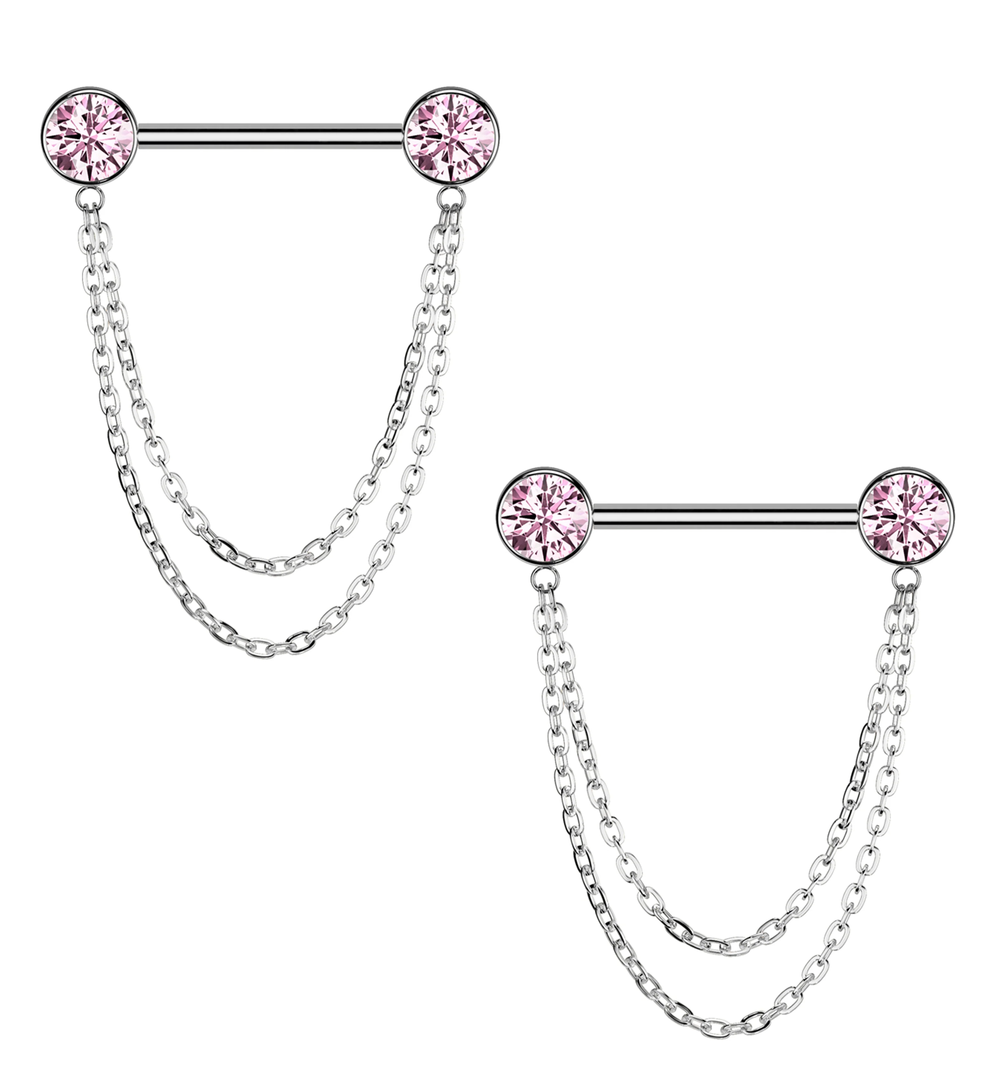 Front Facing Pink CZ Double Dangle Threadless Titanium Nipple Barbell - Mrs Treak