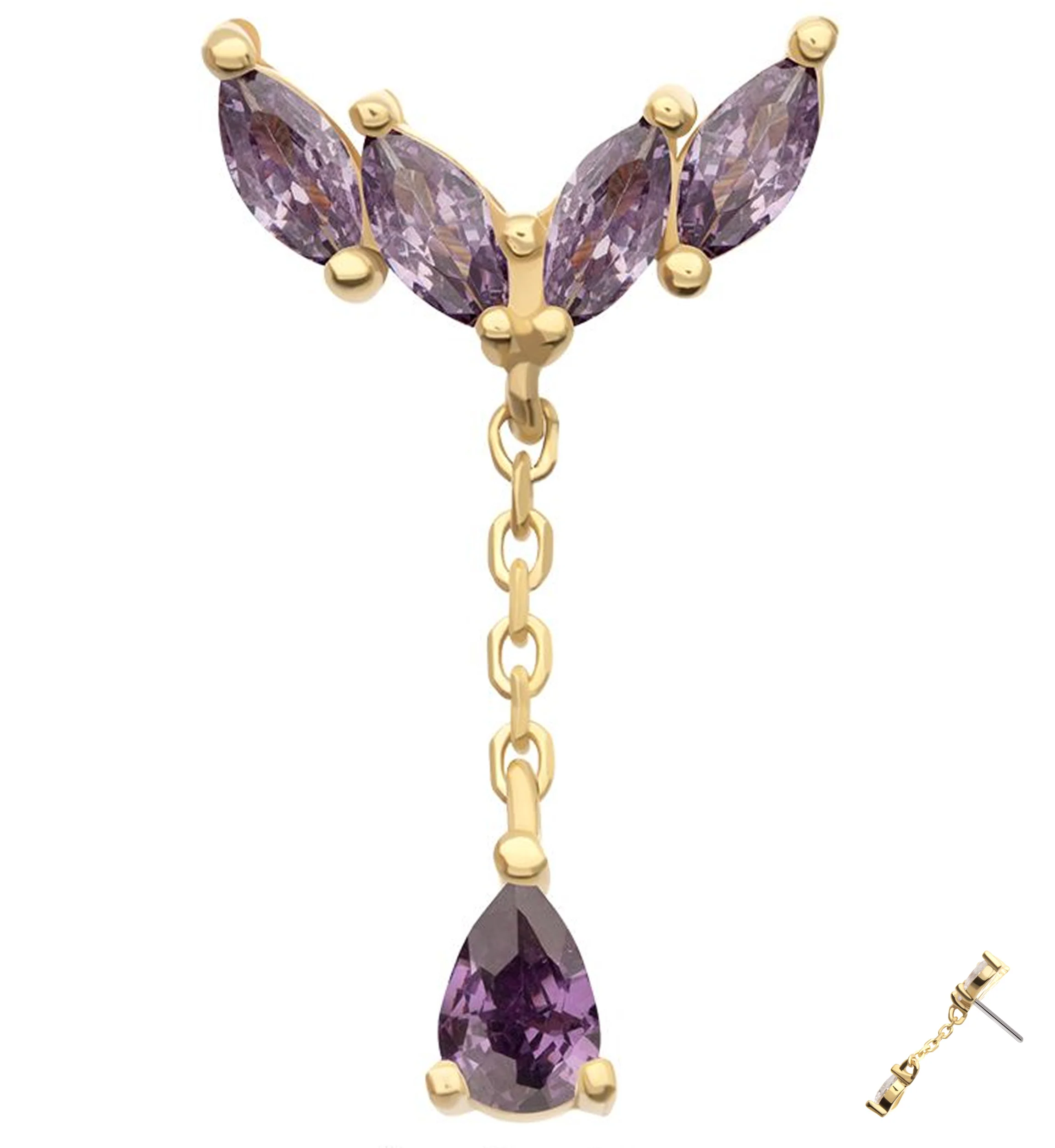 14kt Gold Arrow Marquise Amethyst CZ Dangle Threadless Top - Mrs Treak