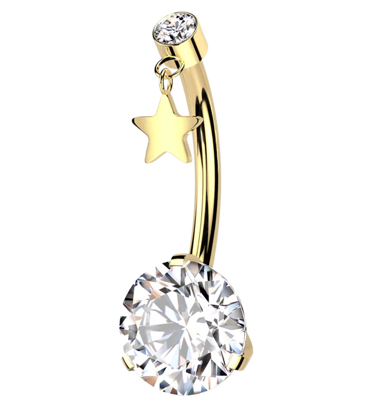 Gold PVD Clear CZ Dangle Star Titanium Threadless Belly Button Ring - Mrs Treak