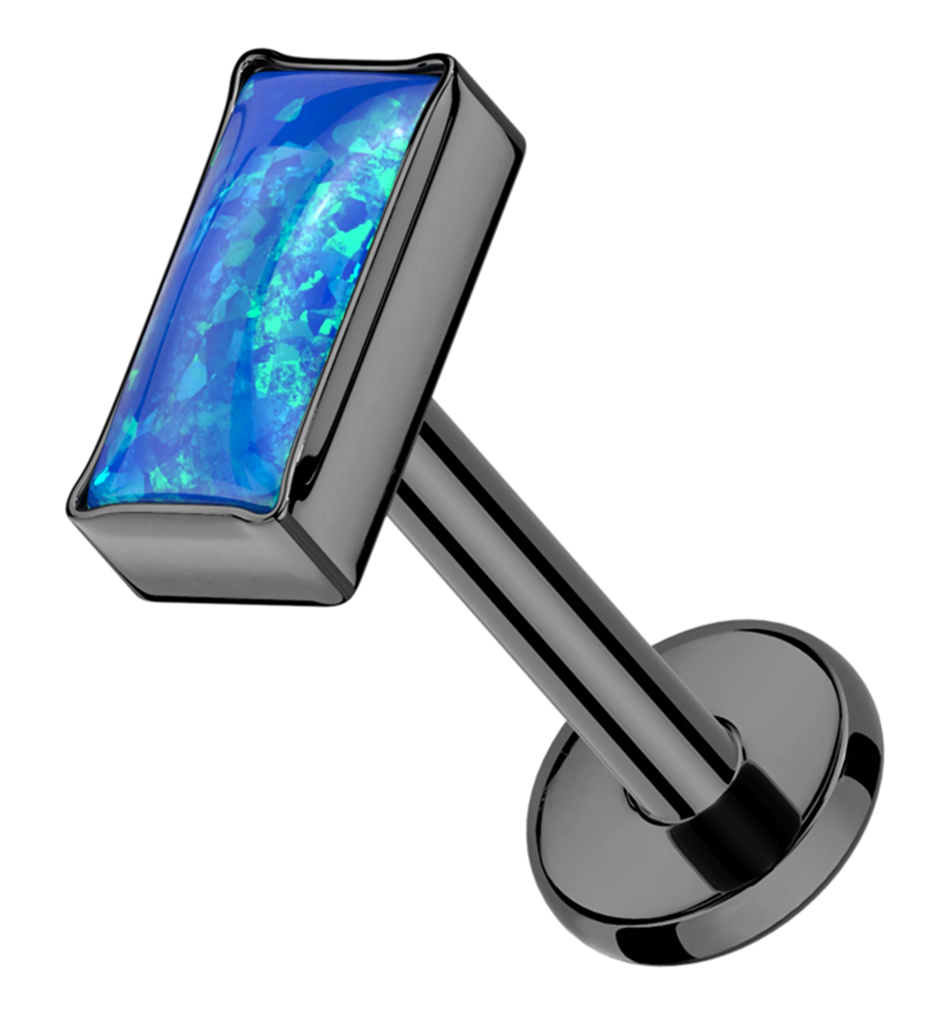 Black PVD Rectangle Blue Opalite Internally Threaded Titanium Labret - Mrs Treak