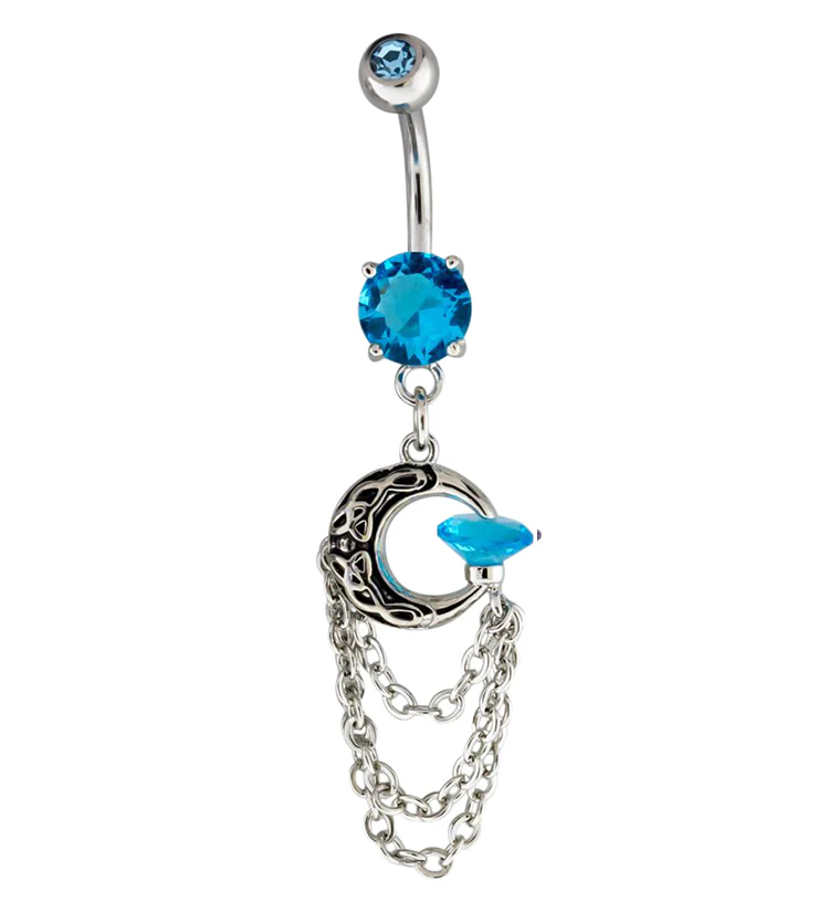 Blue Half Moon Dangle Chain Belly Button Ring - Mrs Treak