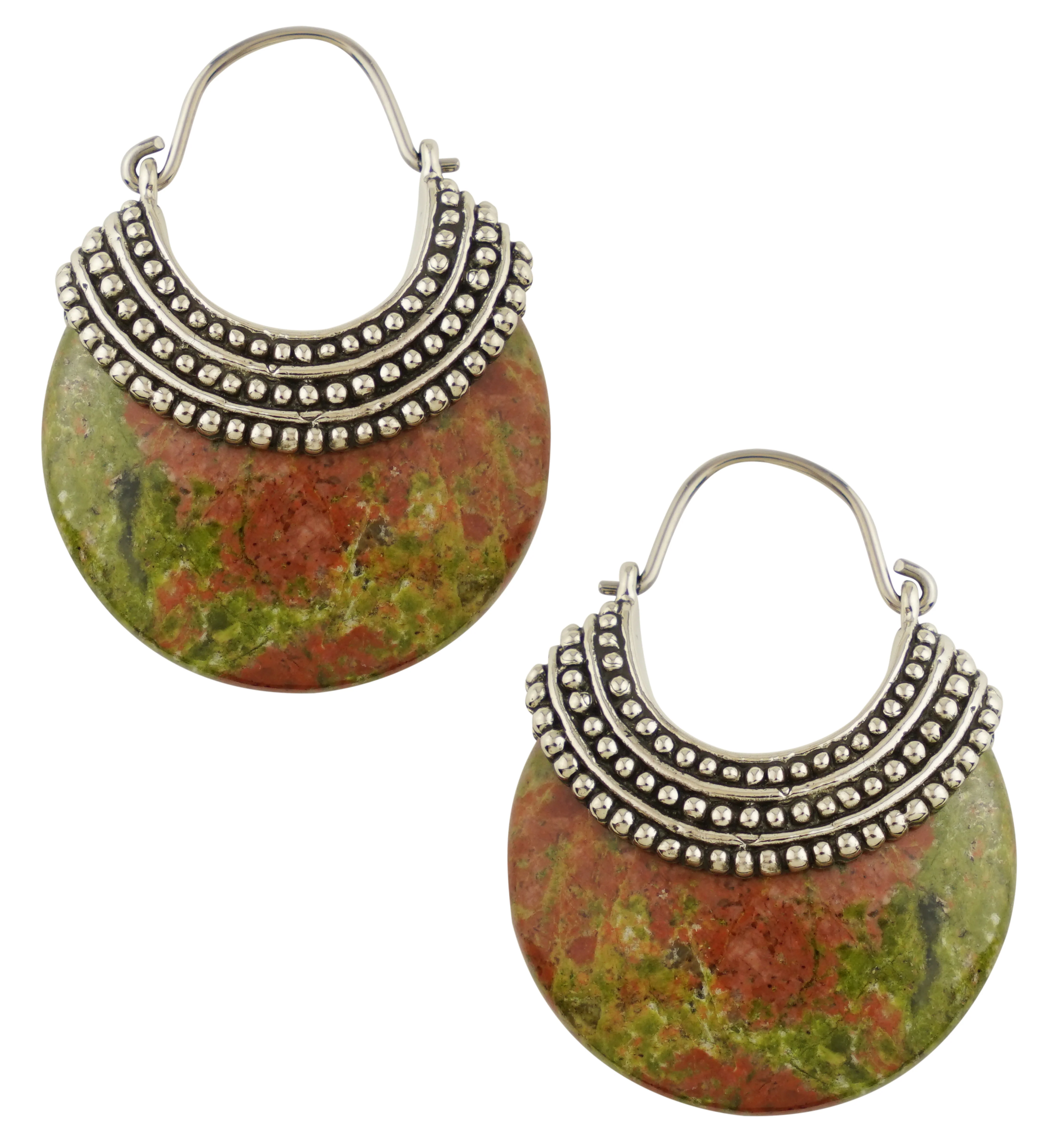 Unakite Beaded White Brass Stone Earrings - Mrs Treak