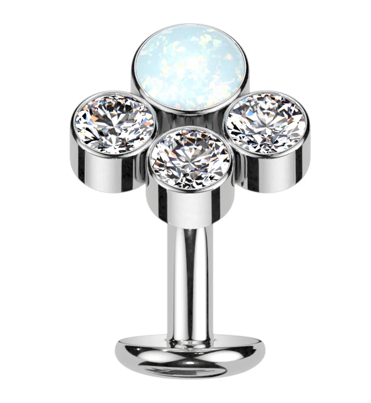 Quad Cluster White Opalite Clear CZ Titanium Threadless Floating Belly Button Ring (Convex Disk) - Mrs Treak