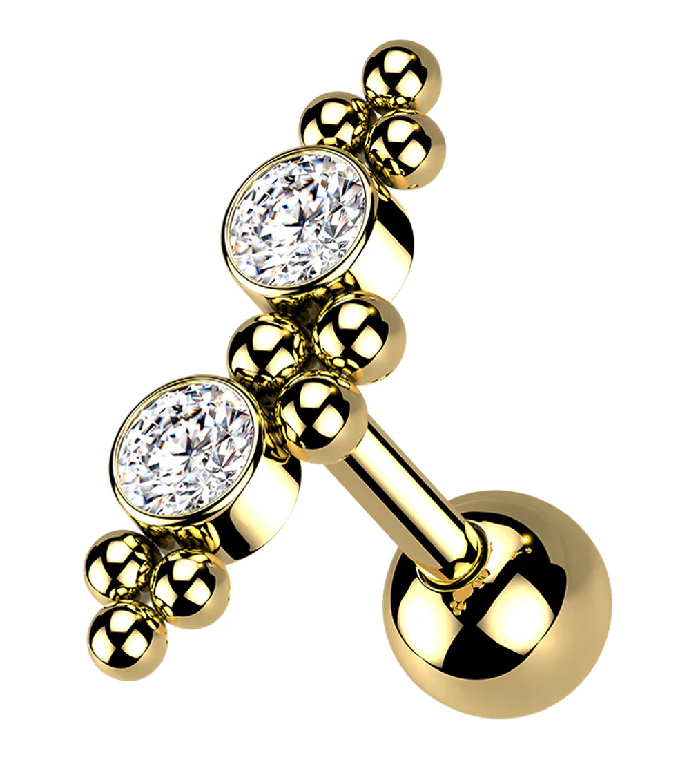 Gold PVD Double CZ Gem Cluster Bead Cartilage Barbell - Mrs Treak