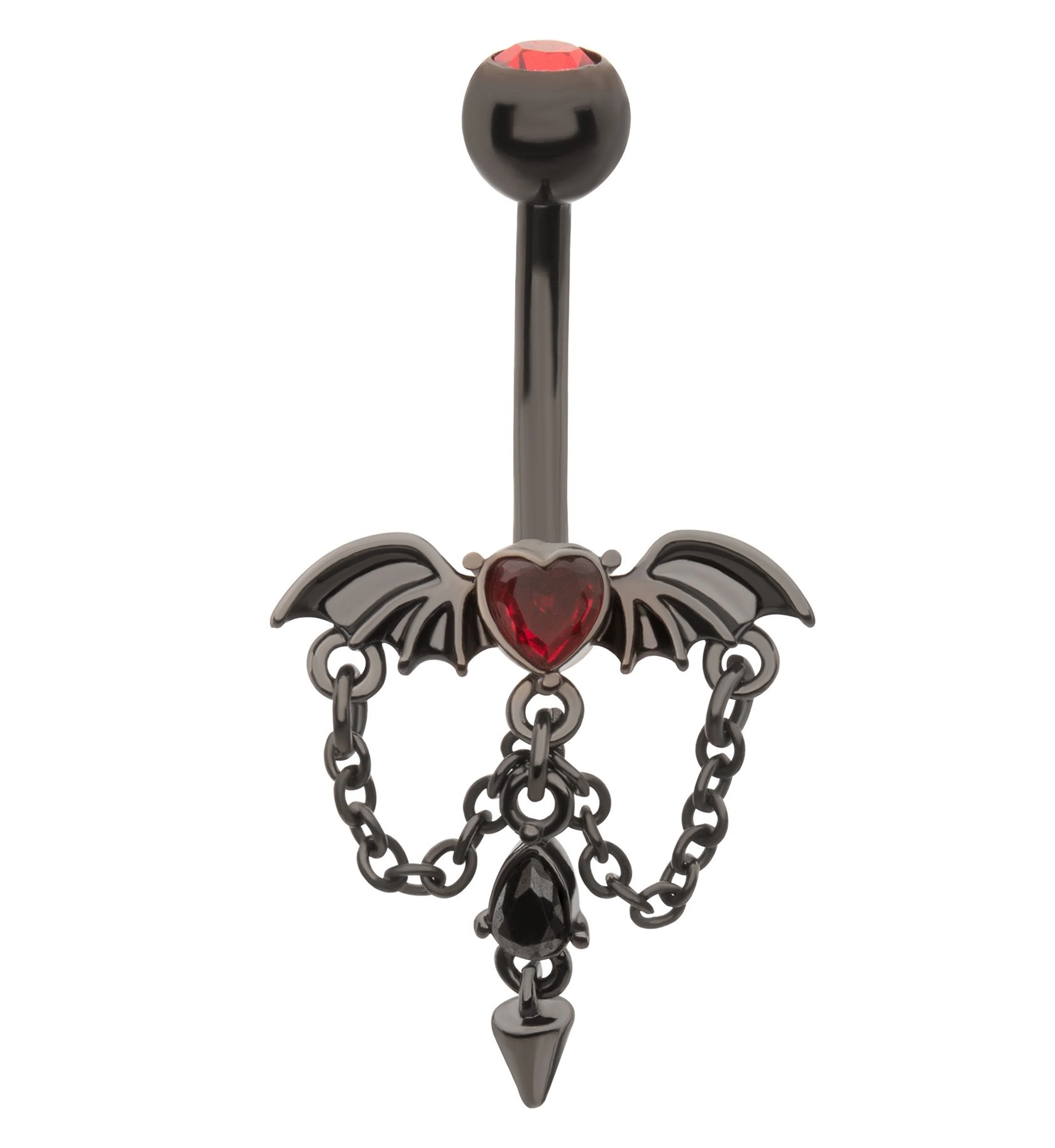Black PVD Bat Red Heart Dangle Cone CZ Stainless Steel Belly Button Ring - Mrs Treak