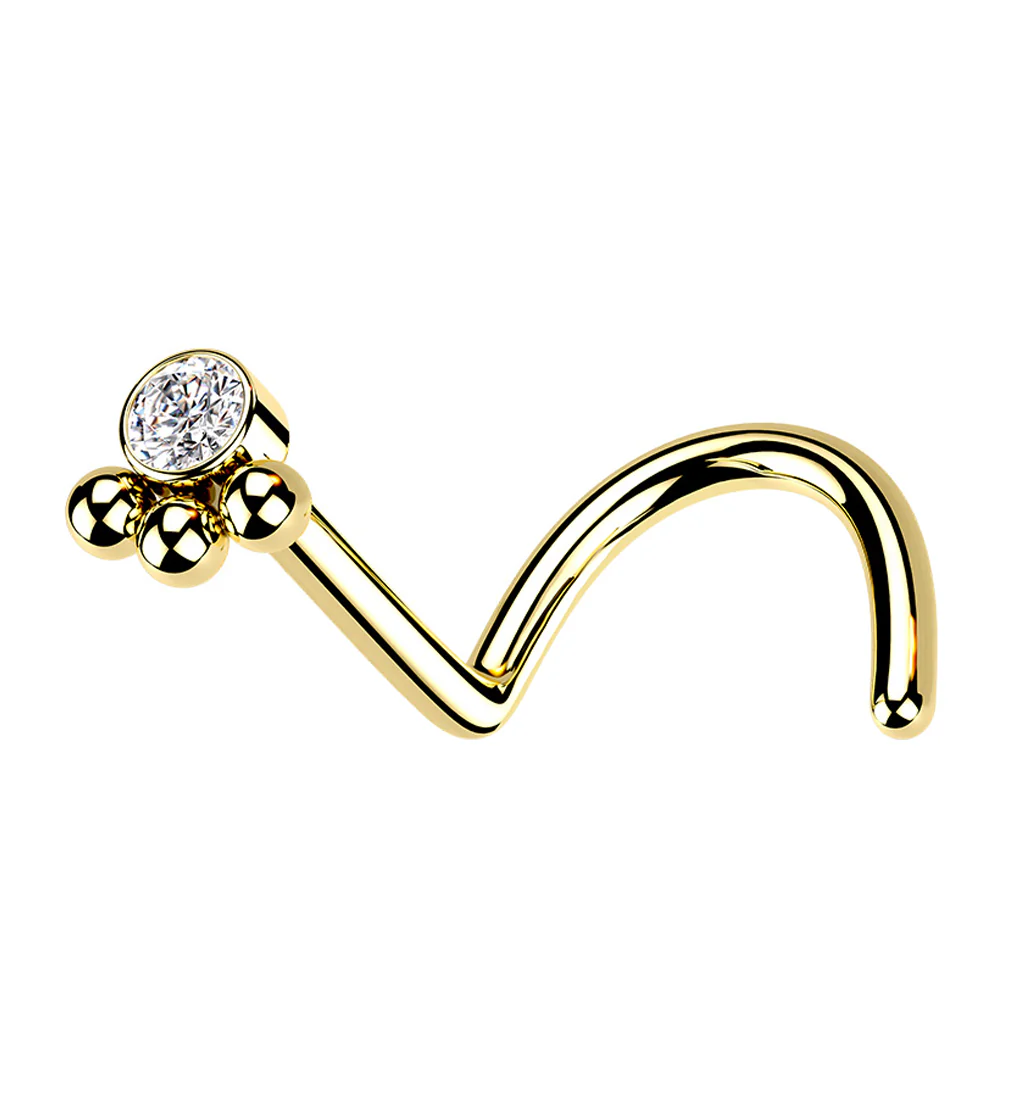 Gold PVD Triple Beaded Clear CZ Nose Screw Ring - Mrs Treak