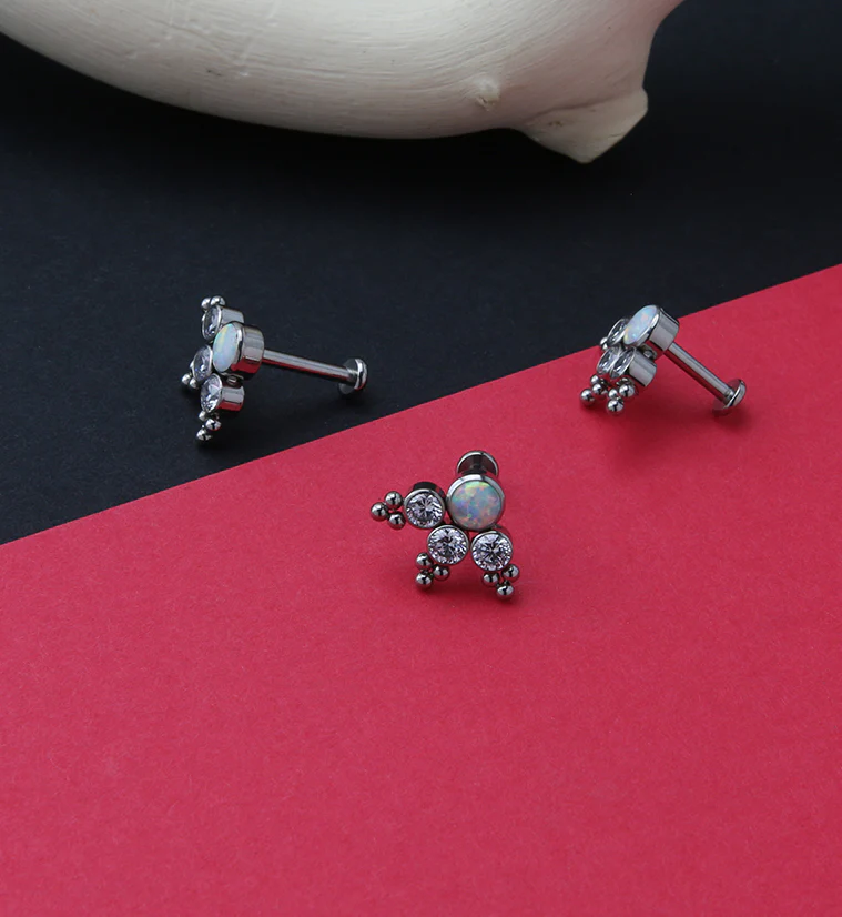 16G Triple Beaded CZ White Opal Titanium Labret Post - Mrs Treak