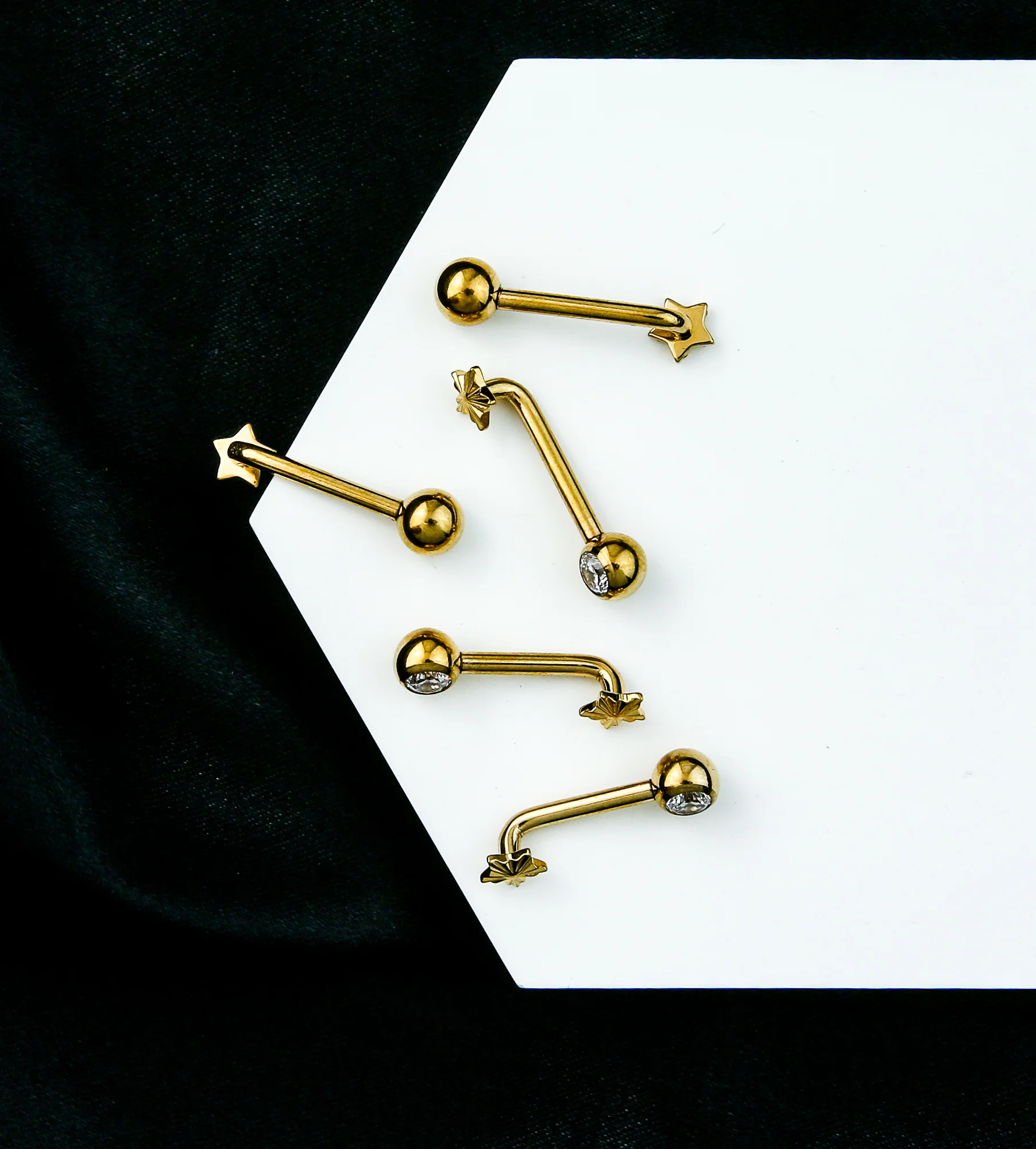 Gold PVD Score Star Clear CZ Vertical Clitoral Hood Internally Threaded Titanium Barbell - Mrs Treak