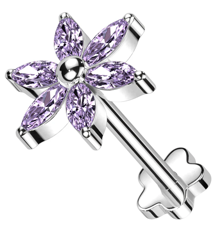 Senary Flower Purple CZ Flower Back Threadless Titanium Labret - Mrs Treak