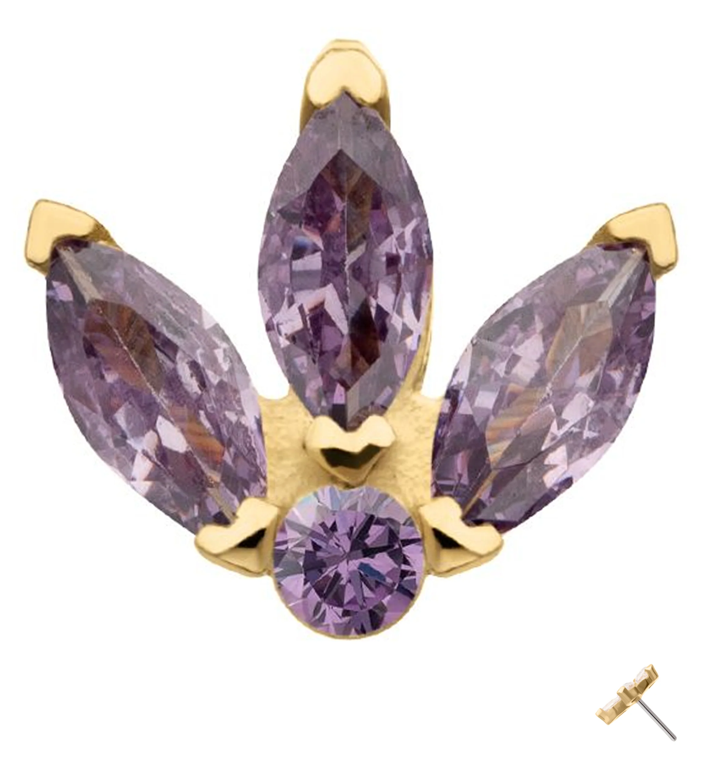 14kt Gold Tri Sepal Amethyst CZ Threadless Top - Mrs Treak