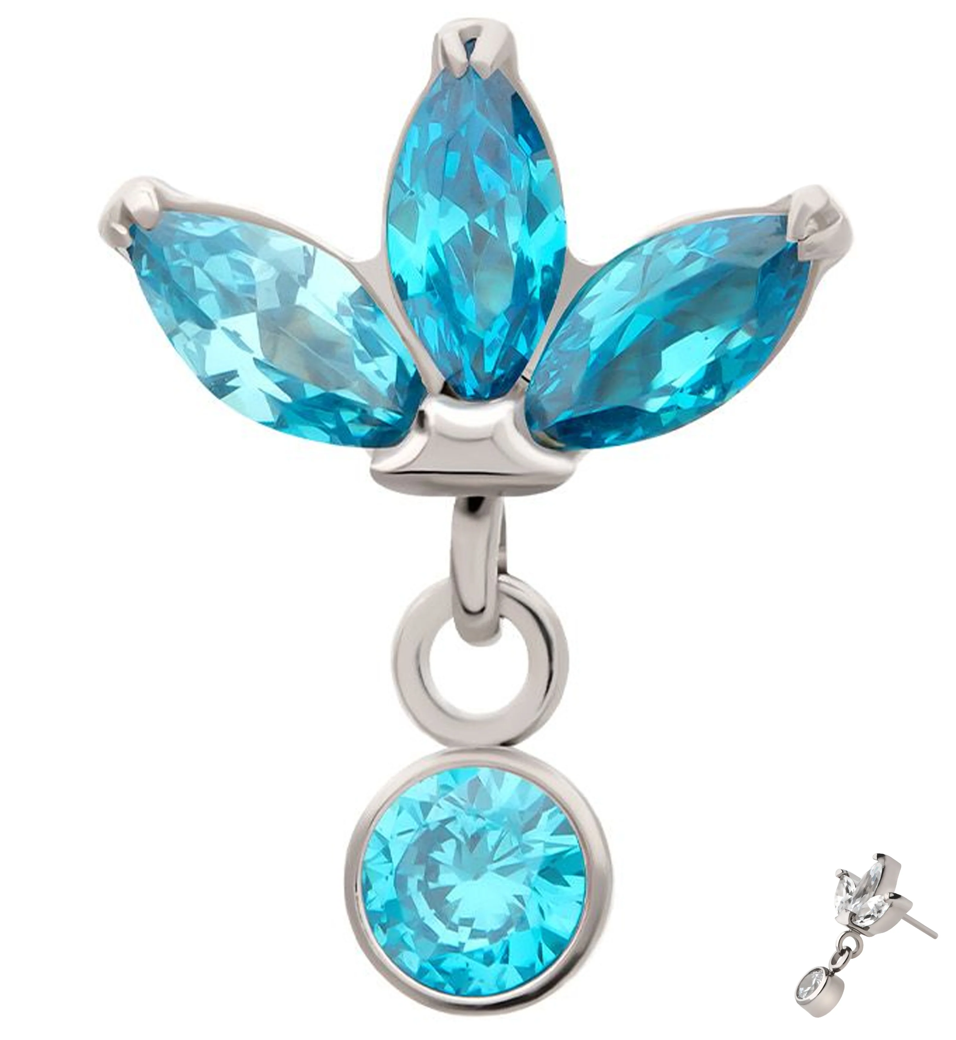 Triple Sepal Marquise Blue Topaz CZ Bezel Dangle Titanium Threadless Top - Mrs Treak