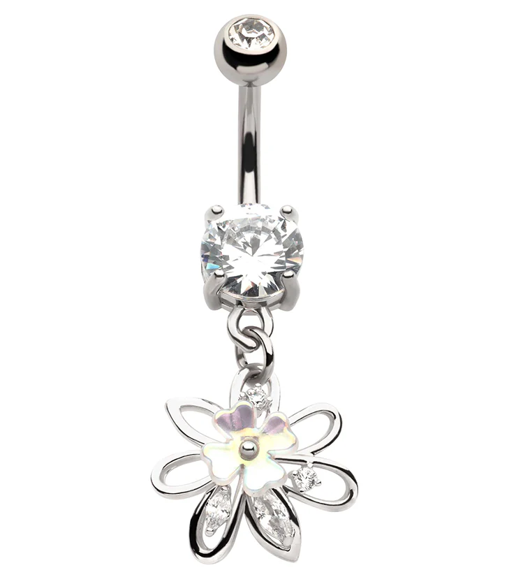 White Clover Flower Dangle Stainless Steel Belly Button Ring - Mrs Treak