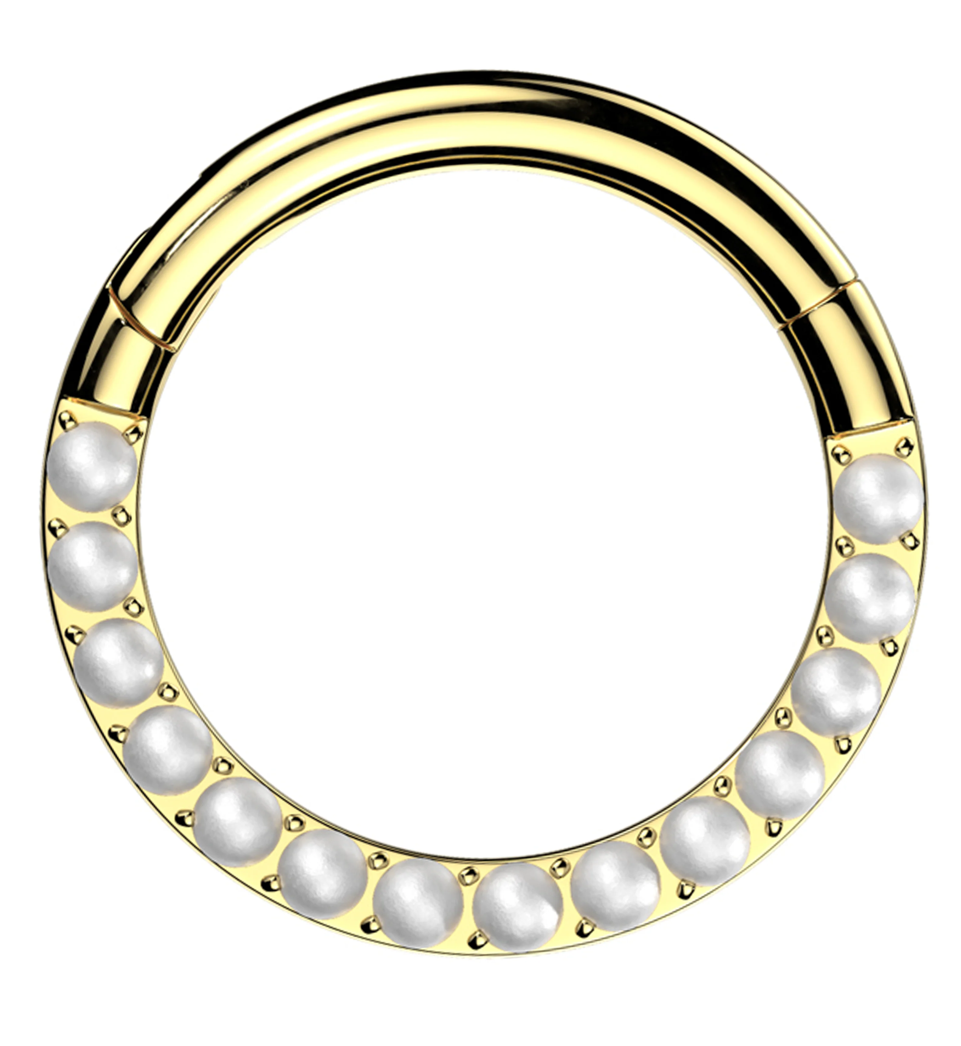 Gold PVD Front Facing Pearl Row Titanium Hinged Segment Ring - Mrs Treak