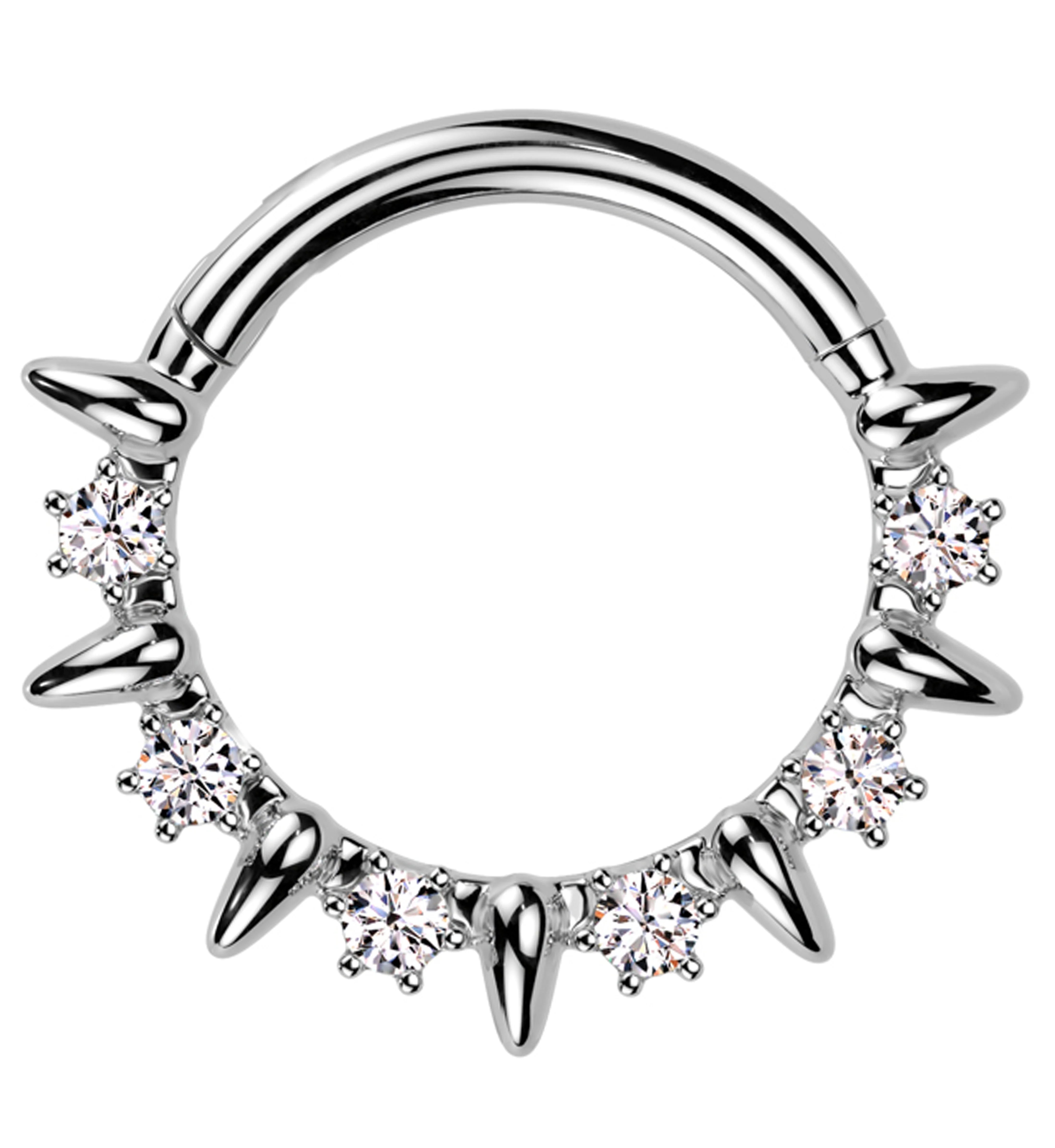 Alternate Spikes Clear CZ Stainless Steel Hinged Segment Ring - Mrs Treak