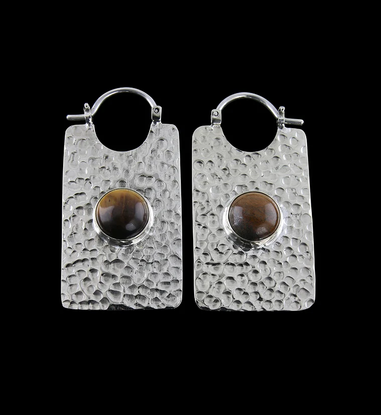 14G Lateral Tigers Eye Stone White Brass Hangers - Earrings - Mrs Treak
