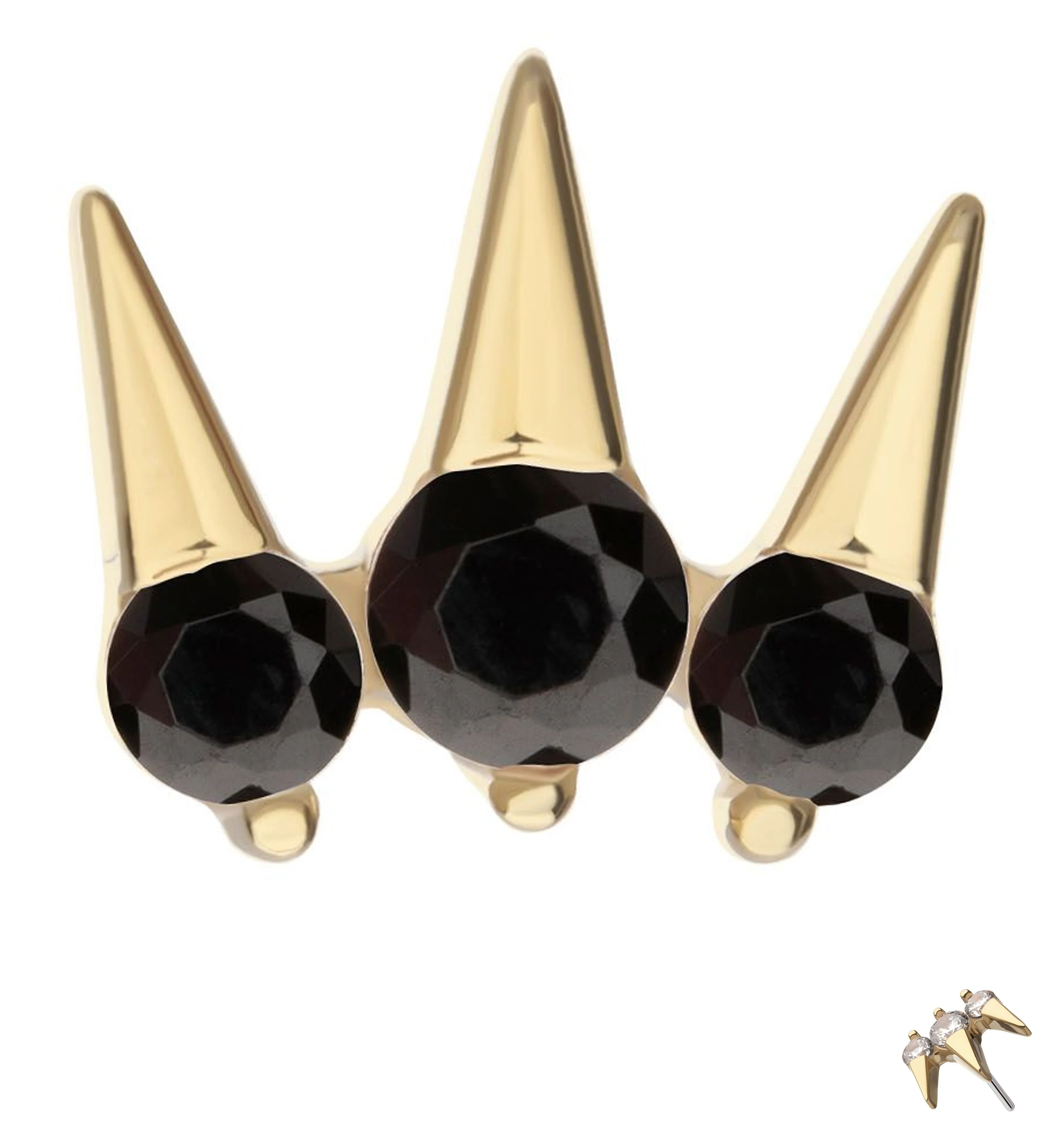 14kt Gold Triple Spike Black CZ Threadless Top - Mrs Treak