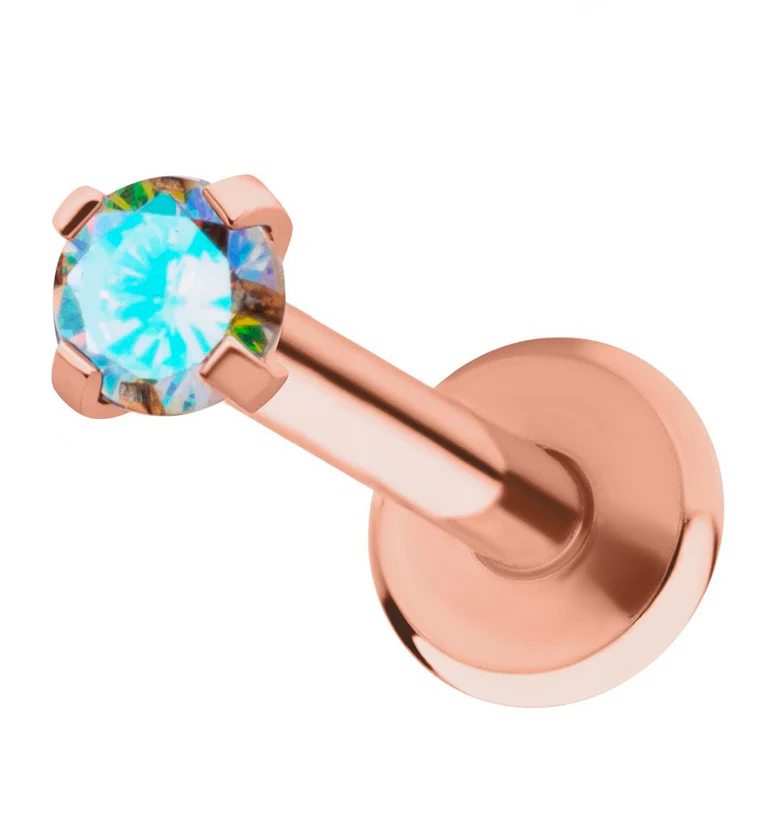 Rose Gold PVD Rainbow Aurora Prong CZ Stainless Steel Internally Threaded Labret - Mrs Treak