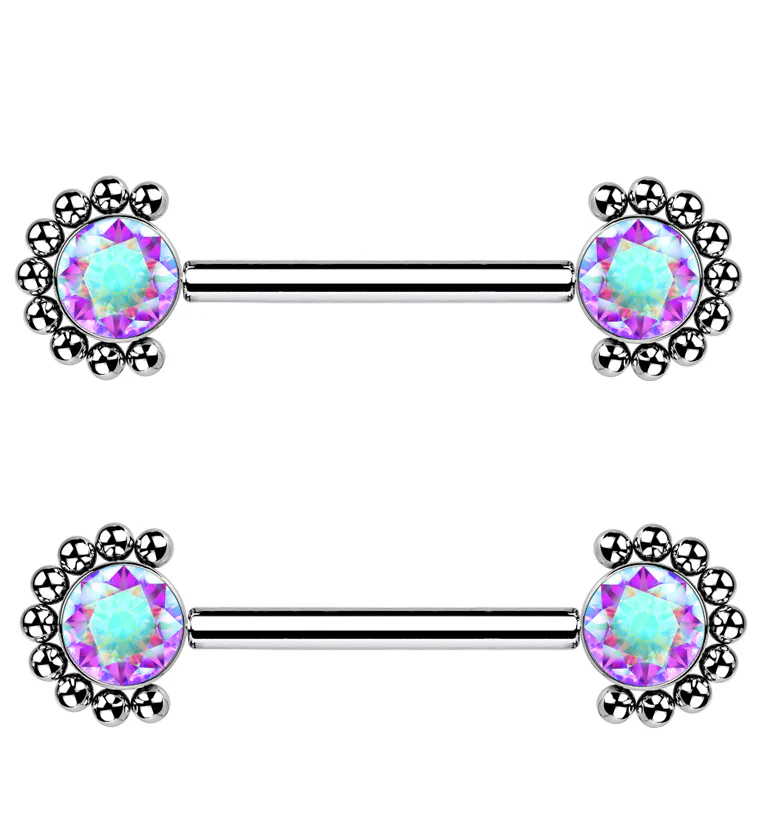 14G Encirc Double Rainbow Aurora CZ Threadless Titanium Nipple Ring Barbell - Mrs Treak