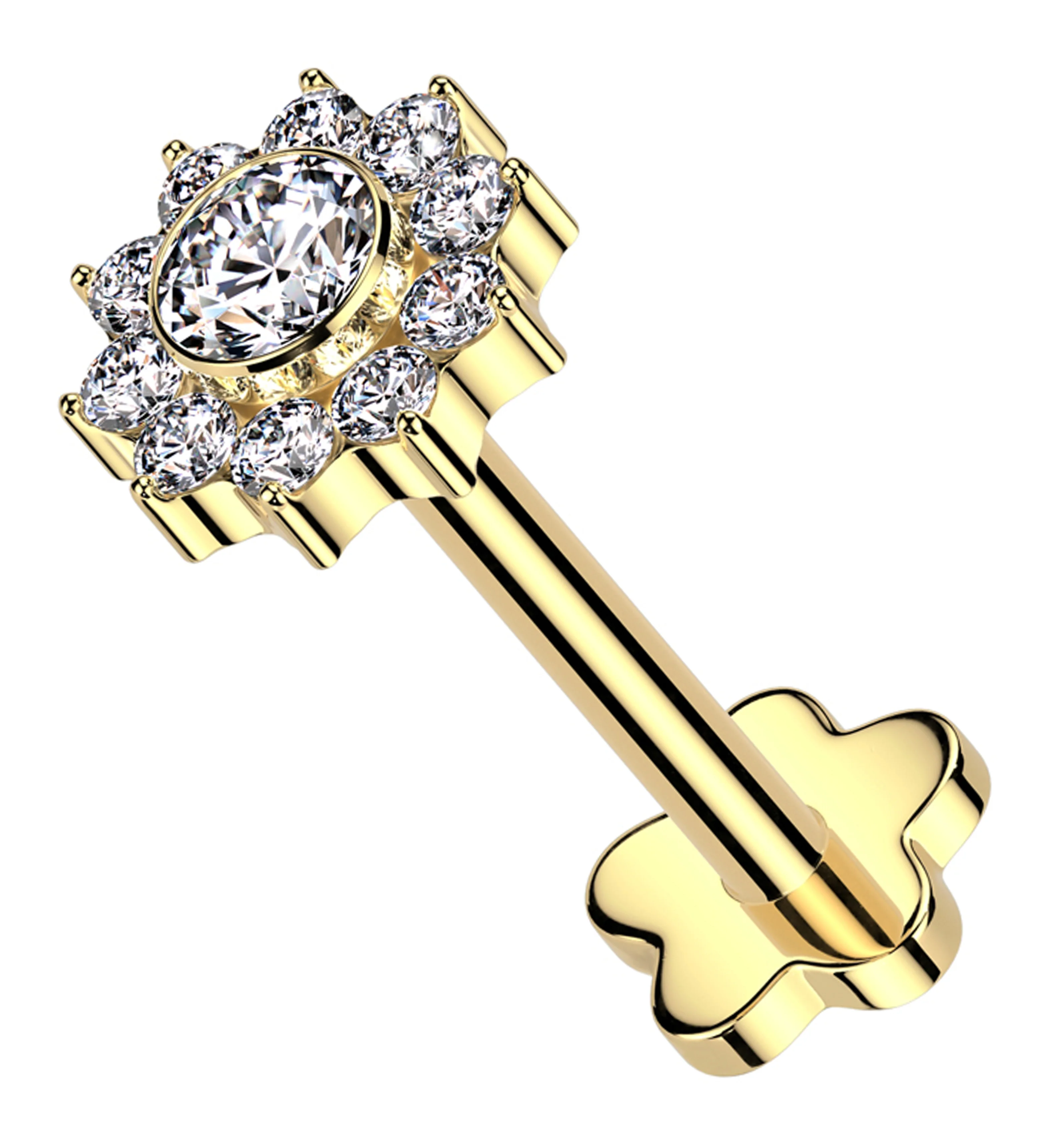 Gold PVD Pave Flower Clear CZ Flower Back Internally Threaded Titanium Labret - Mrs Treak